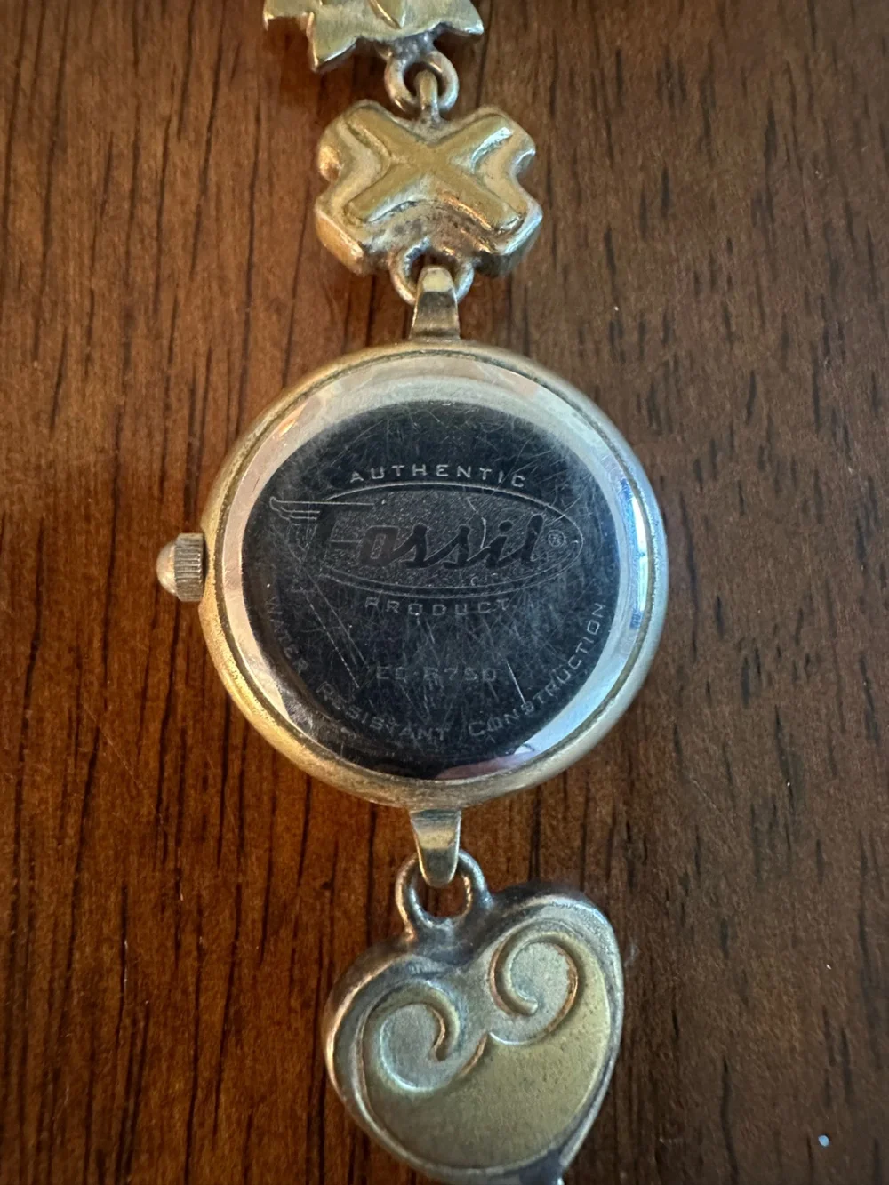 Vintage Fossil Heart & Motif Charm Bracelet Watch - Silver Tone